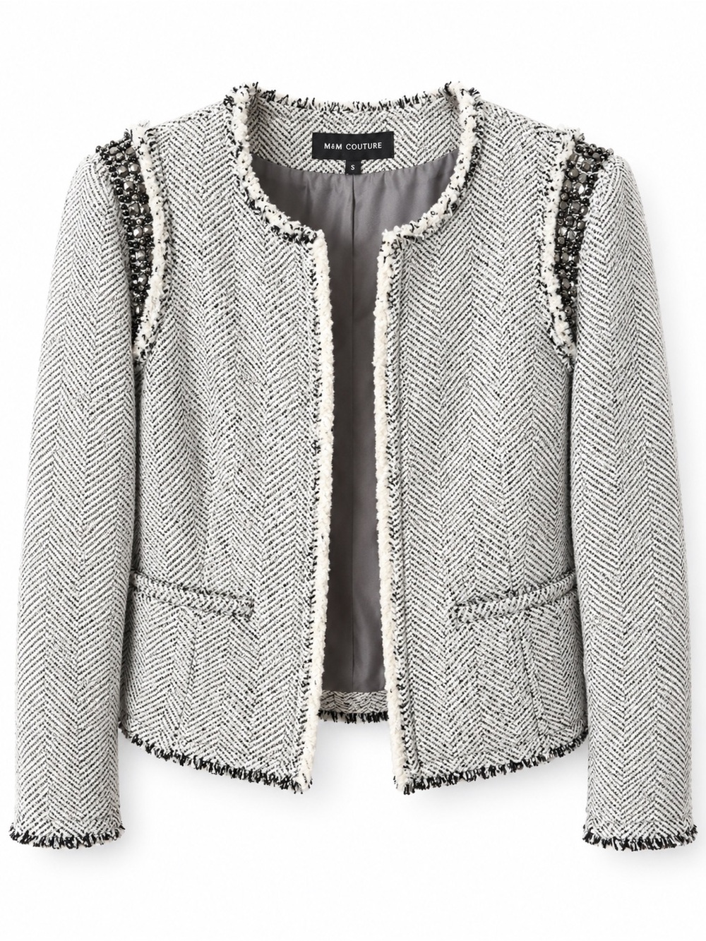 MM Couture Black & Cream Tweed Beaded-Shoulder Jacket